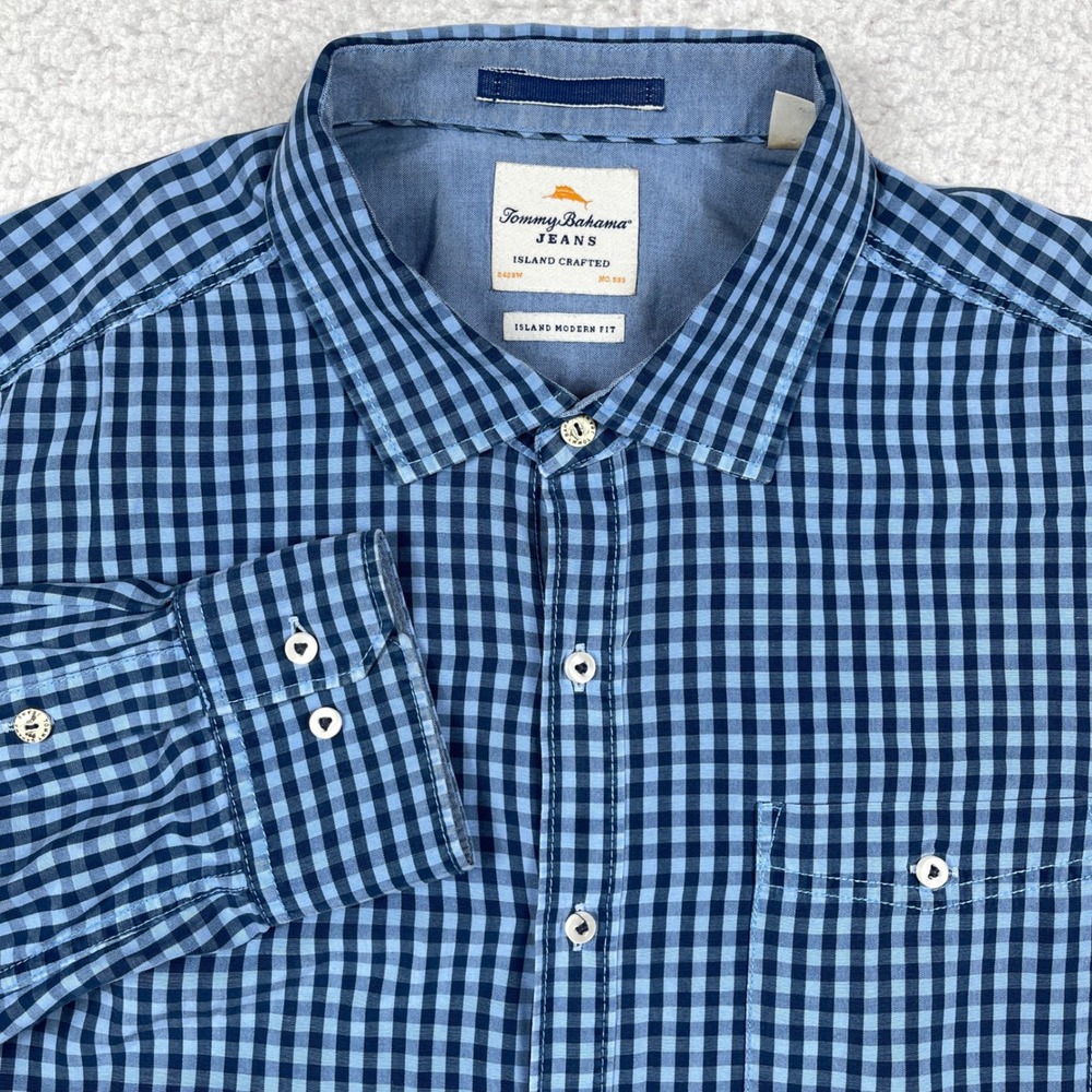 Tommy Bahama Button Down Mens L Blue Island Modern Fit Gingham Coastal Beachy